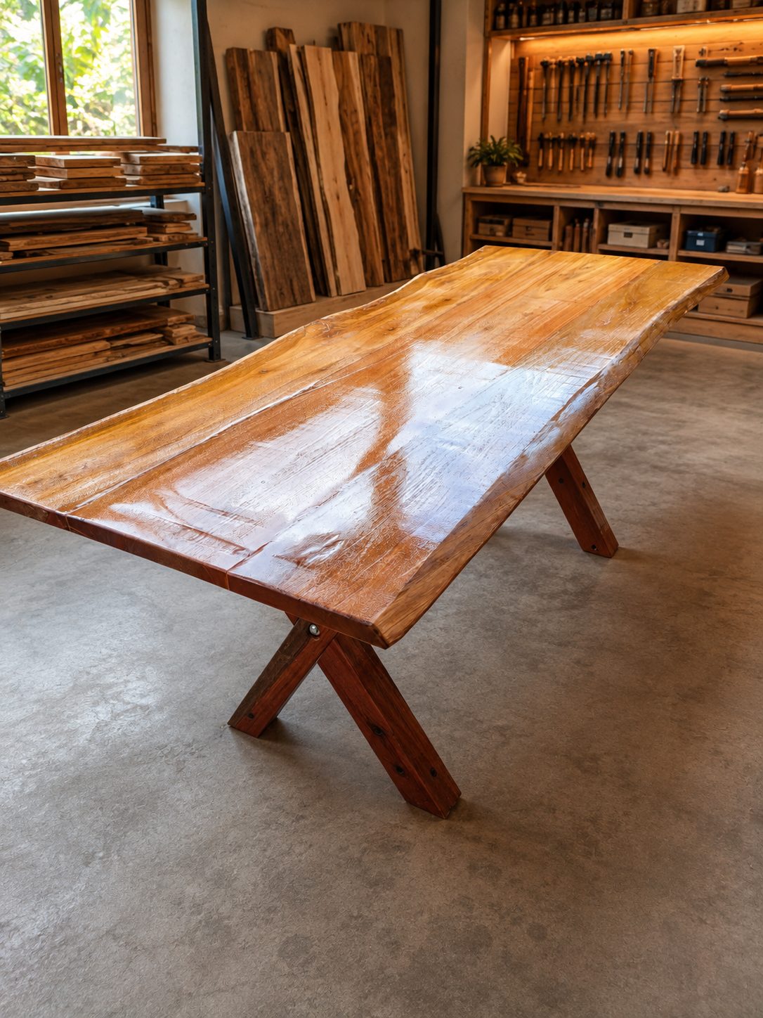 Mesa rústica com tampo de borda orgânica