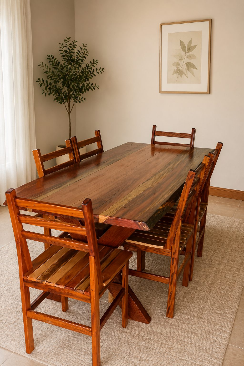 Mesa de madeira escura com cadeiras em ambiente decorado