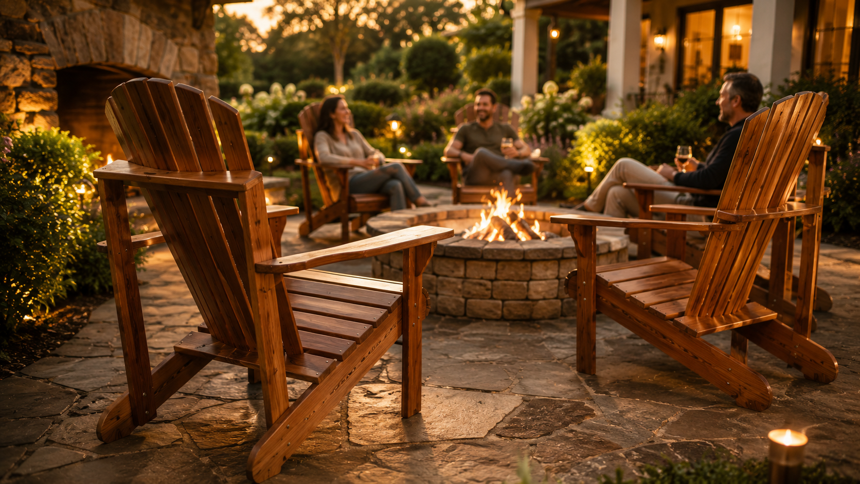 Cadeiras rústicas estilo Adirondack em área externa ao redor de uma fogueira no fim de tarde