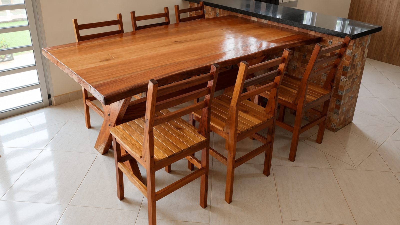 Mesa de jantar envernizada com cadeiras de madeira em frente ao janelão