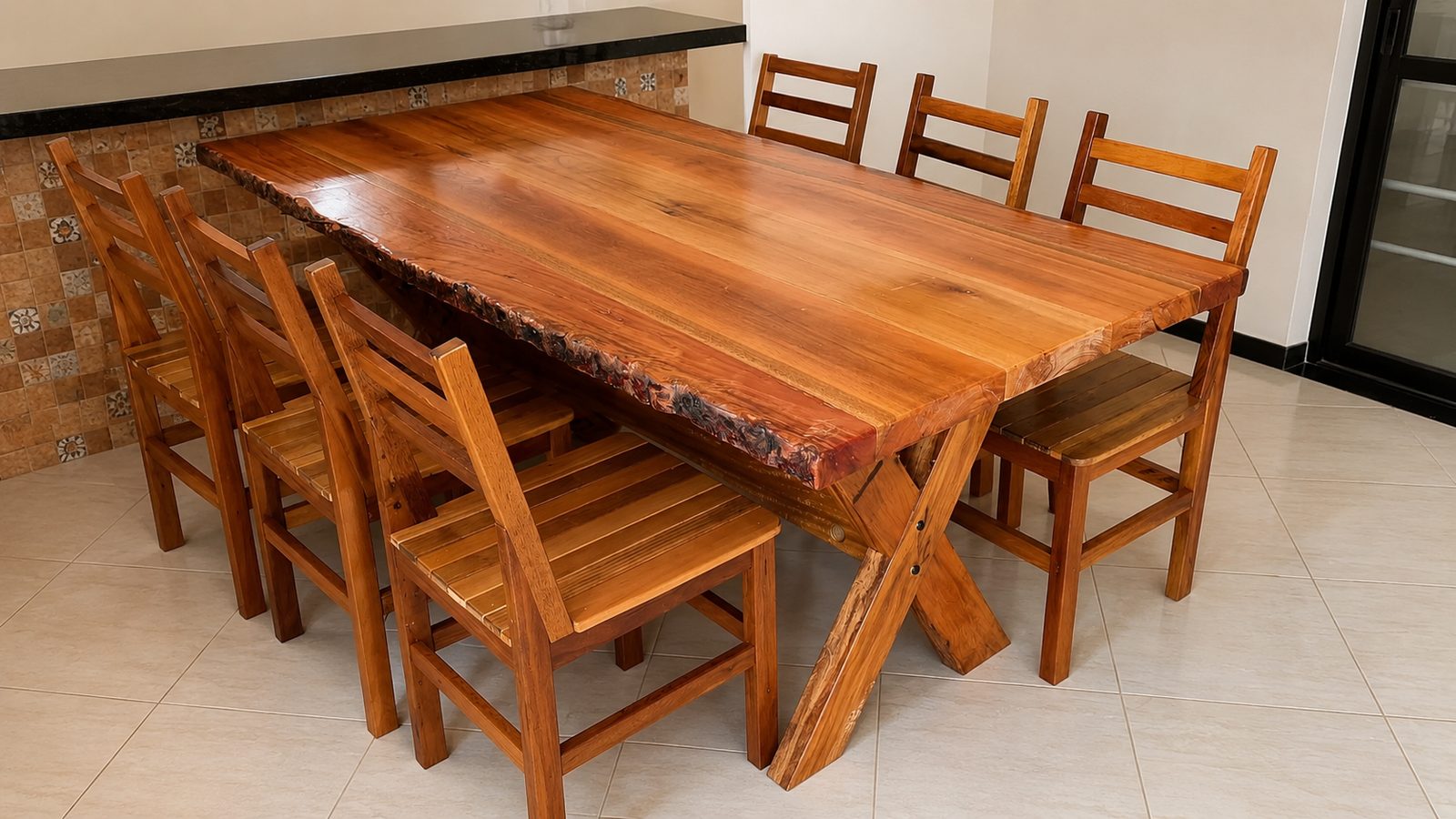 Mesa de jantar rústica em madeira maciça com cadeiras