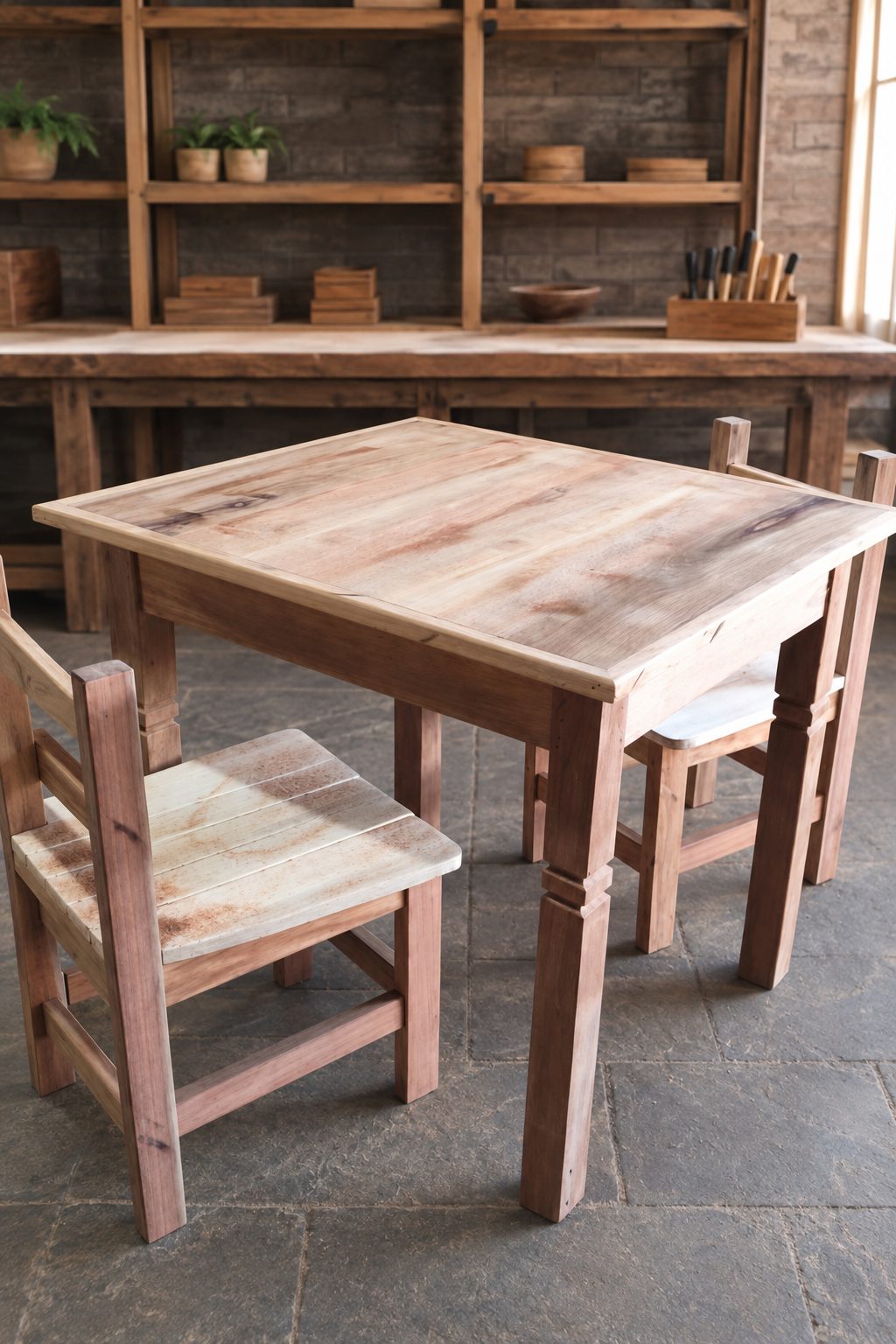 Mesa rústica de madeira com cadeiras
